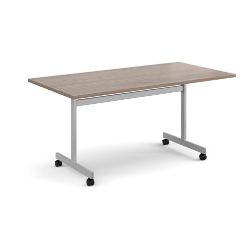 Rectangular flip top meeting table with silver frame 1600mm x 800mm - Barcelona Walnut