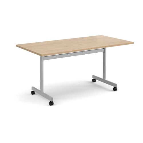 Rectangular flip top meeting table with silver frame 1600mm x 800mm - Kendal Oak