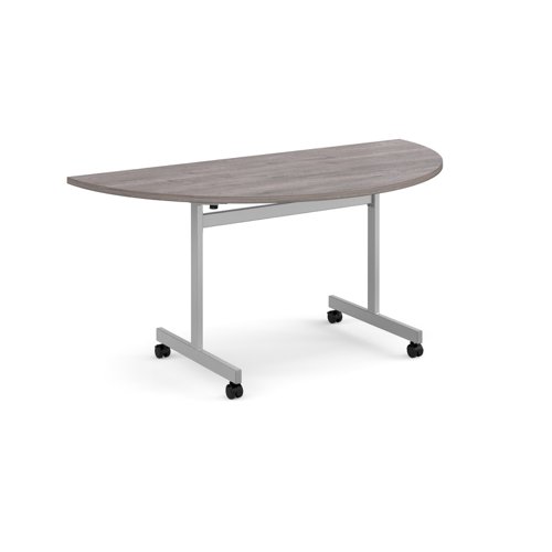 Semi circular fliptop meeting table with silver frame 1600mm x 800mm - grey oak