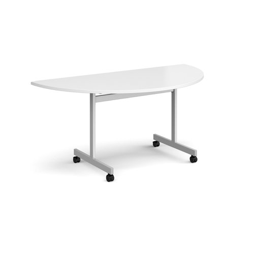 Semi circular fliptop meeting table with silver frame 1600mm x 800mm - white
