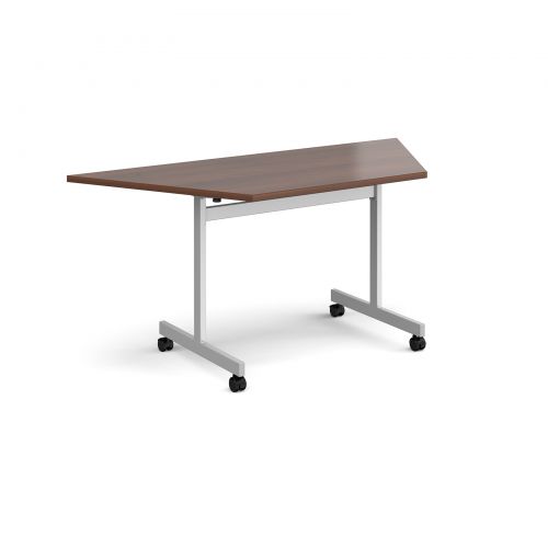 Trapezoidal fliptop meeting table with silver frame 1600mm x 800mm - walnut