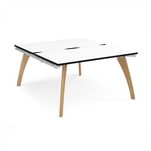 Fuze back to back desks 1400mm x 1600mm with oak legs - white underframe, white top, black edge