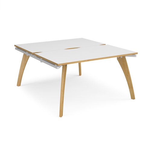 Fuze back to back desks 1400mm x 1600mm with oak legs - white underframe, white top with oak edging FZ1416-WH-WO Buy online at Office 5Star or contact us Tel 01594 810081 for assistance