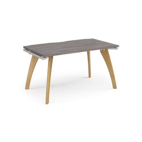 Fuze single desk 1400mm x 800mm with oak legs - white underframe, grey oak top FZ148-WH-GO Buy online at Office 5Star or contact us Tel 01594 810081 for assistance