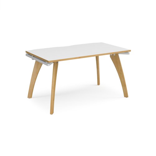 Fuze single desk 1400mm x 800mm with oak legs - white underframe, white top with oak edging FZ148-WH-WO Buy online at Office 5Star or contact us Tel 01594 810081 for assistance