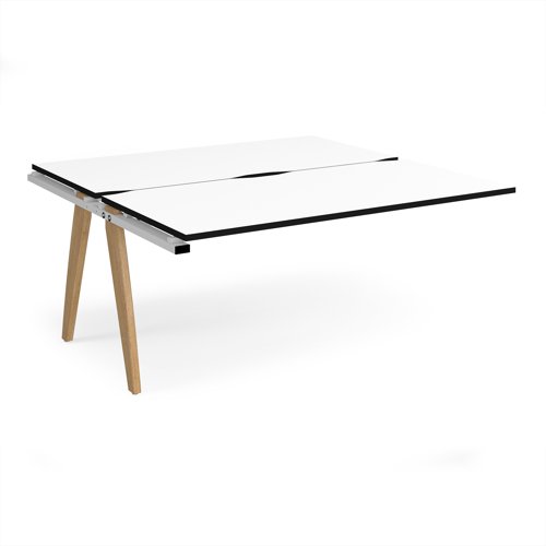 Fuze add on units back to back 1600mm x 1600mm with oak legs - white underframe, white top, black edge