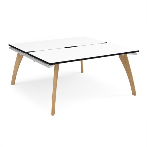 Fuze back to back desks 1600mm x 1600mm with oak legs - white underframe, white top, black edge