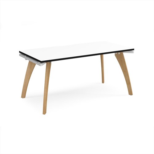 Fuze single desk 1600mm x 800mm with oak legs - white underframe, white top, black edge