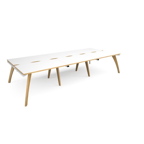 Fuze triple back to back desks 3600mm x 1600mm with oak legs - white underframe, white top with oak edging FZ3616-WH-WO Buy online at Office 5Star or contact us Tel 01594 810081 for assistance
