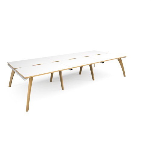 Fuze triple back to back desks 3600mm x 1600mm with oak legs - white underframe, white top with oak edging