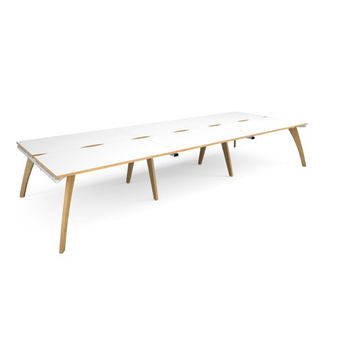 Fuze triple back to back desks 4200mm x 1600mm with oak legs - white underframe, white top with oak edging FZ4216-WH-WO Buy online at Office 5Star or contact us Tel 01594 810081 for assistance