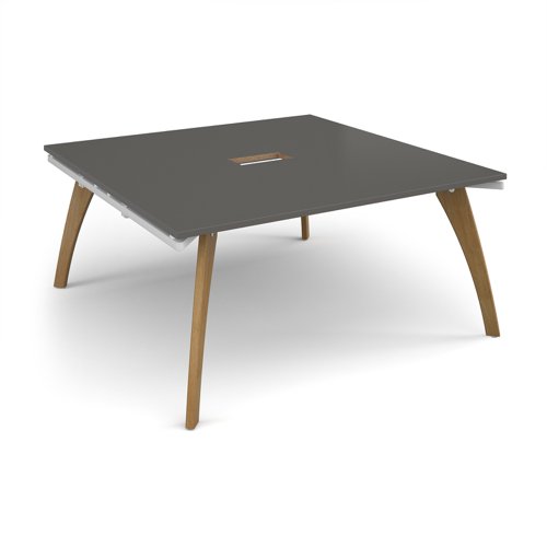 Fuze square boardroom table 1600mm x 1600mm with central cutout 272mm x 132mm with oak legs - white underframe, onyx grey top