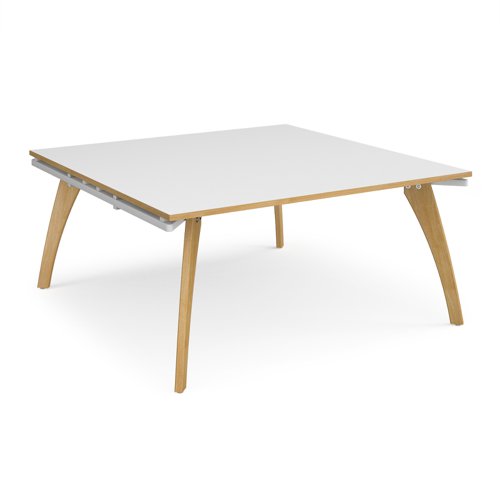Fuze square boardroom table 1600mm x 1600mm with oak legs - white underframe, white top with oak edging