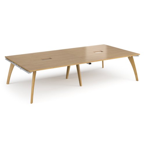 Fuze rectangular boardroom table 3200mm x 1600mm with 2 cutouts 272mm x 132mm with oak legs - white underframe, oak top