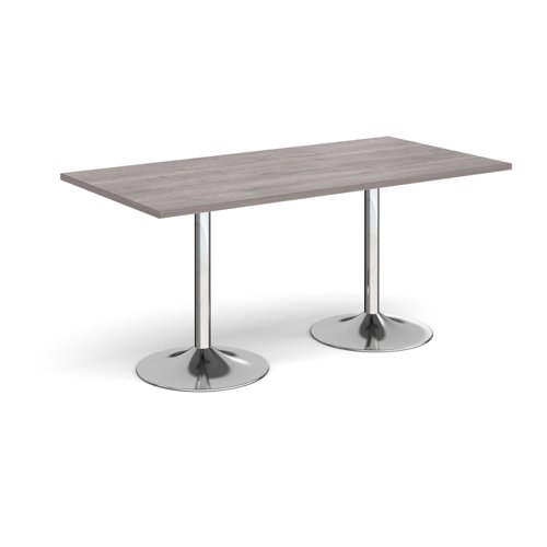 Genoa rectangular dining table with chrome trumpet base 1600mm x 800mm - grey oak GDR1600-C-GO Buy online at Office 5Star or contact us Tel 01594 810081 for assistance
