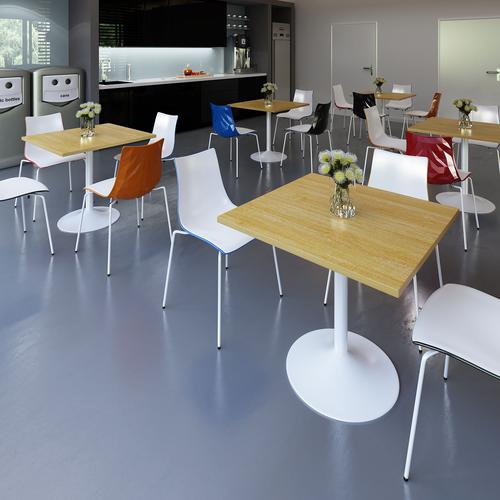 M-GDS700 | Genoa dining tables have the right proportions, flawless surfaces and a solid foundation, featuring a trumpet base available in silver, white or chrome that offers the ultimate in strength and stability. Curved and straight table tops are available in a choice of five colour finishes, with a simple yet stylish design which can be used as a dining table or as a meeting table in any traditional or modern breakout space or dining area.