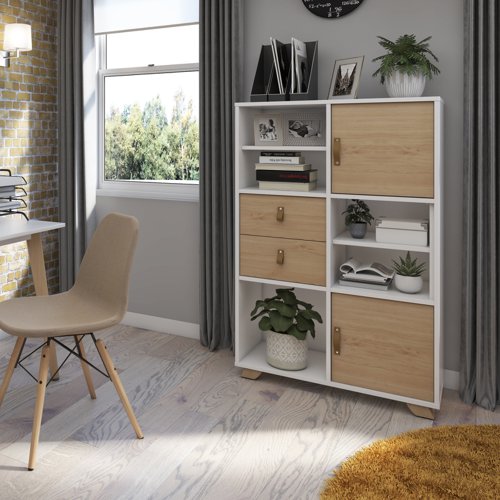 Giza cube storage unit 950mm high with 4 open boxes and wooden legs - grey