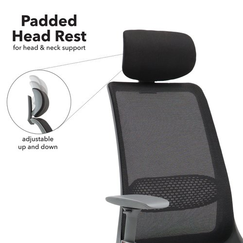 Holden mesh back operator chair with black fabric seat and headrest - Aluminium base and arms with black mesh back
