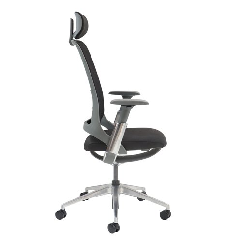 HOL300T1-K Holden mesh back operator chair with black fabric seat and headrest - Aluminium base and arms with black mesh back