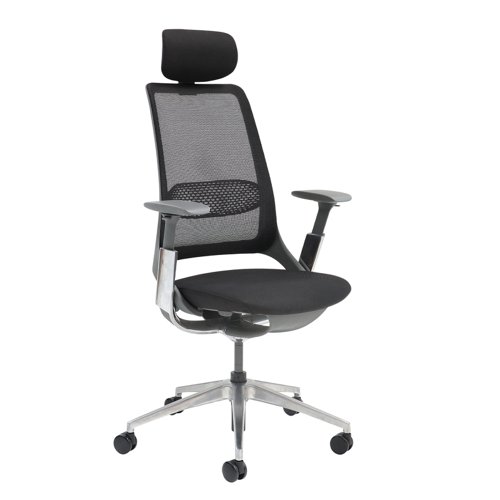 Holden mesh back operator chair with black fabric seat and headrest - Aluminium base and arms with black mesh back