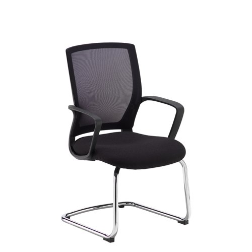 Jonas black mesh back visitors chair with black fabric seat and chrome cantilever frame