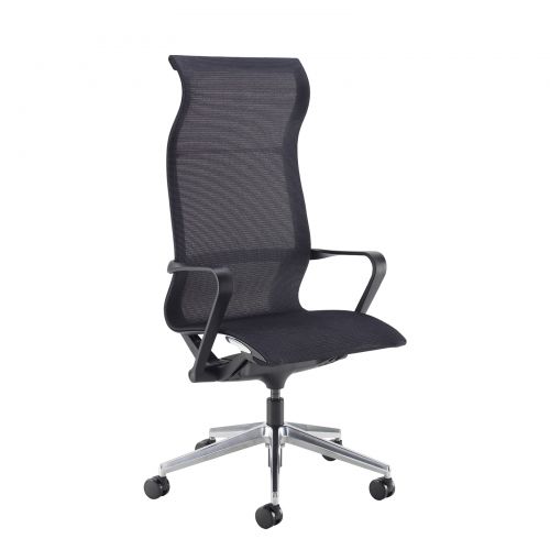 Lola high back designer operators chair with black mesh and black frame and aluminium base