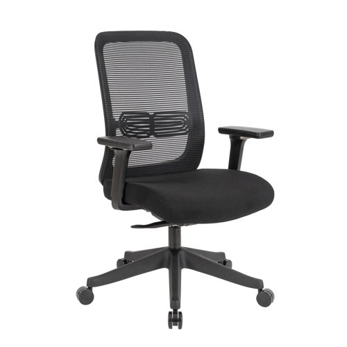 Lotus mesh back operator chair with adjustable arms, black frame & fabric seat