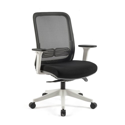 Lotus mesh back operator chair with adjustable arms, white frame & fabric seat