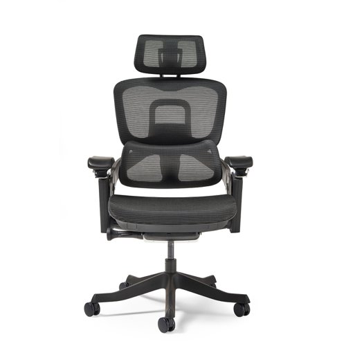 Lyra fully ergonomic task chair with adjustable arms and integrated head rest in black