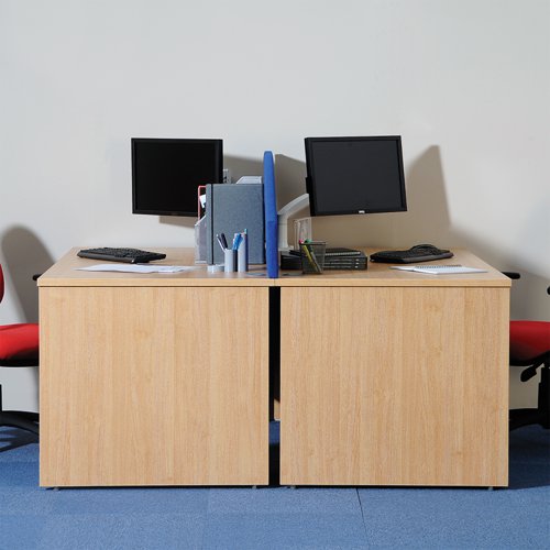 Maestro 25 left hand ergonomic desk 1600mm wide with 2 drawer pedestal - beech top with panel end leg