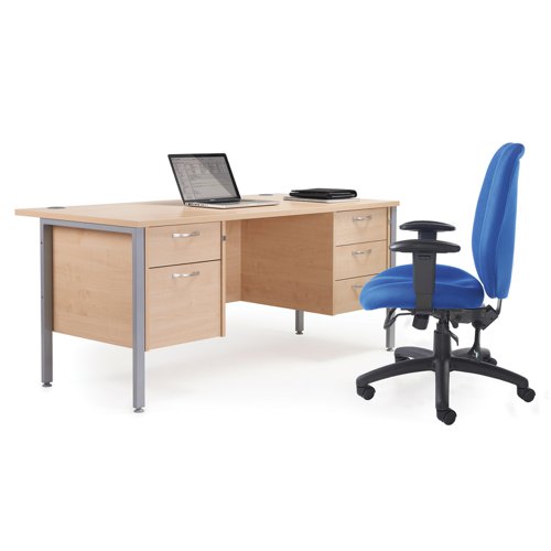Maestro 25 straight desk 1400mm x 800mm with 3 drawer pedestal - silver H-frame leg, white top