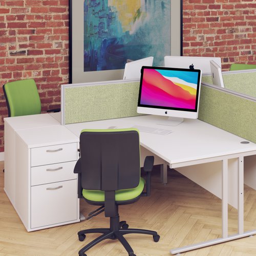 Maestro 25 right hand ergonomic desk 1400mm with white cantilever frame and desk high pedestal - white Office Desks EBWH14RWH