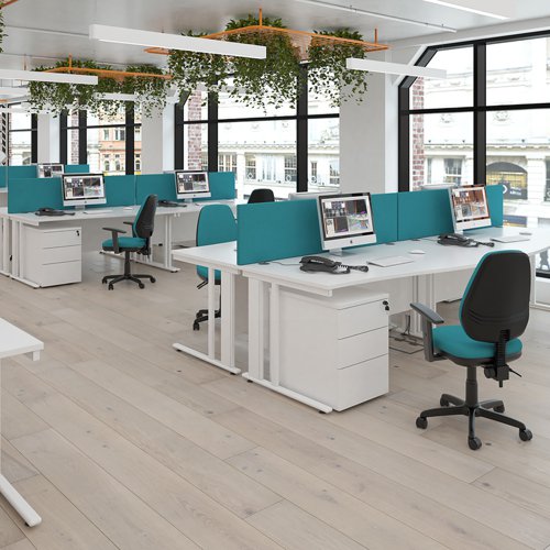 Maestro 25 straight desk 1400mm x 800mm with 3 drawer pedestal - white cable managed leg frame, white top