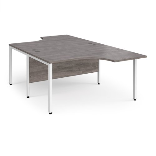Maestro 25 back to back ergonomic desks 1400mm deep - white bench leg frame, grey oak top