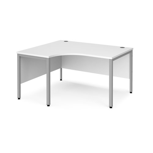 Maestro 25 left hand ergonomic desk 1400mm wide - silver bench leg frame, white top