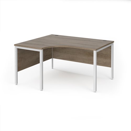 Maestro 25 left hand ergonomic desk 1400mm wide - white bench leg frame, Nebraska Oak top