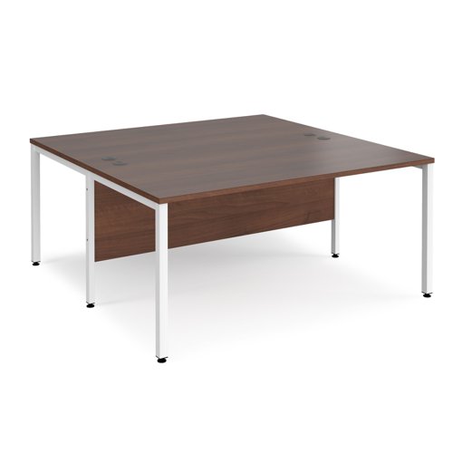 Maestro 25 back to back straight desks 1600mm x 1600mm - white bench leg frame, walnut top