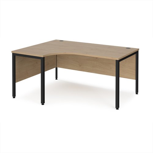 Maestro 25 left hand ergonomic desk 1600mm wide - black bench leg frame, Kendal Oak top