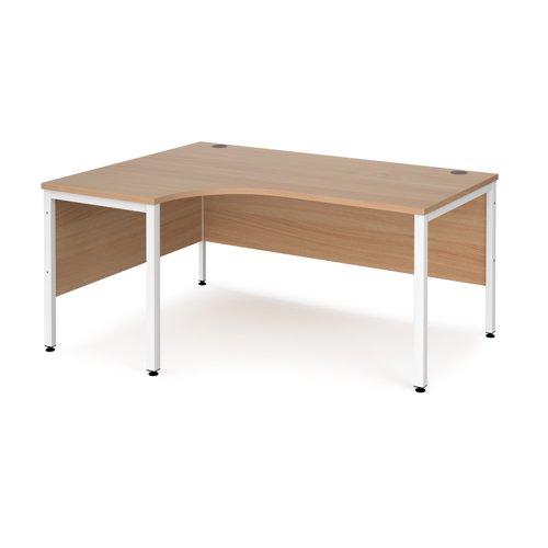 Maestro 25 left hand ergonomic desk 1600mm wide - white bench leg frame, beech top