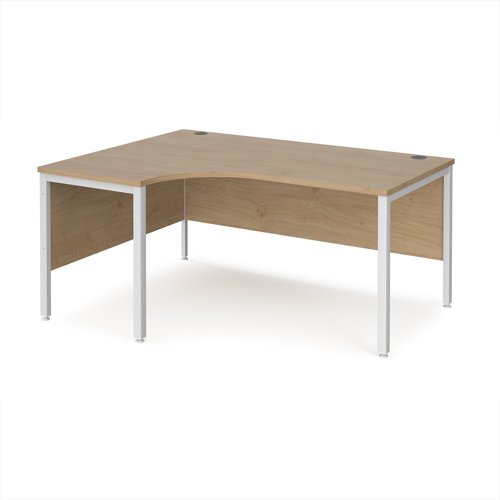 Maestro 25 left hand ergonomic desk 1600mm wide - white bench leg frame, Kendal Oak top