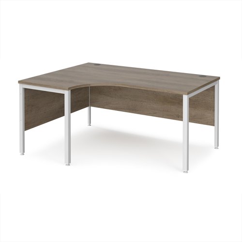 Maestro 25 left hand ergonomic desk 1600mm wide - white bench leg frame, Nebraska Oak top