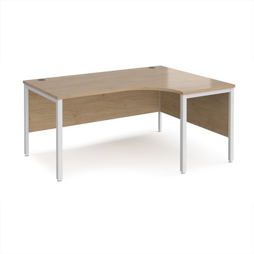 Maestro 25 right hand ergonomic desk 1600mm wide - white bench leg frame, Kendal Oak top