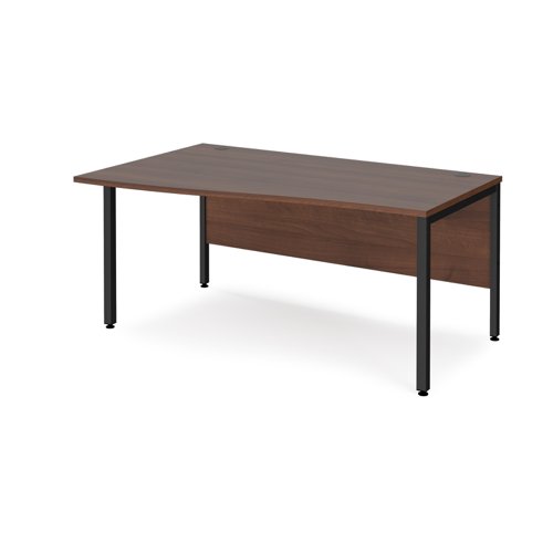 Maestro 25 left hand wave desk 1600mm wide - black bench leg frame, walnut top