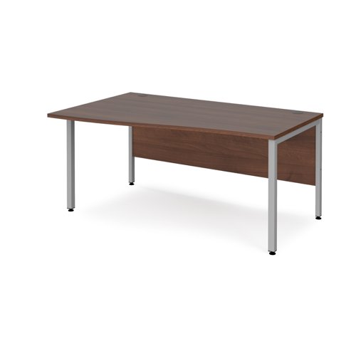 Maestro 25 left hand wave desk 1600mm wide - silver bench leg frame, walnut top