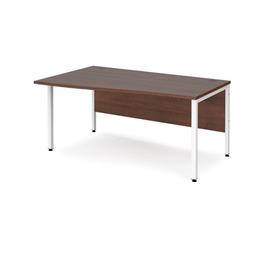 Maestro 25 left hand wave desk 1600mm wide - white bench leg frame, walnut top