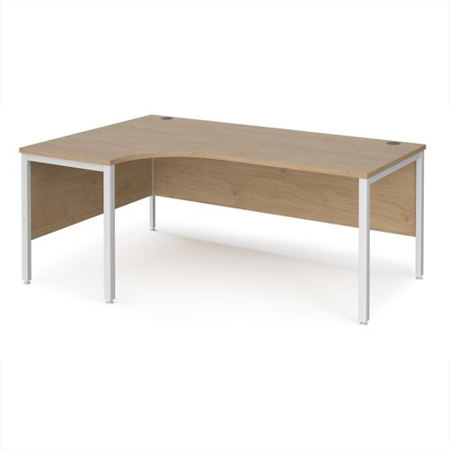Maestro 25 left hand ergonomic desk 1800mm wide - white bench leg frame, Kendal Oak top