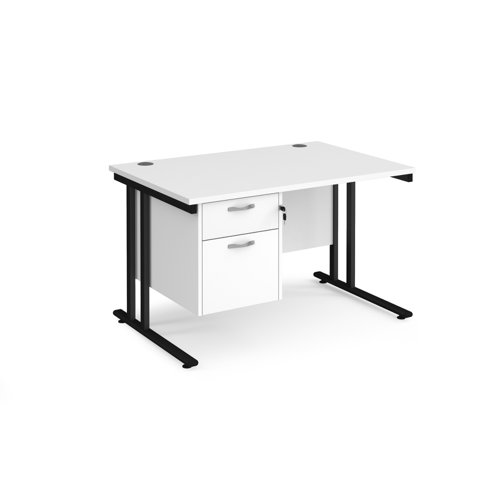 Maestro 25 straight desk 1200mm x 800mm with 2 drawer pedestal - black cantilever leg frame, white top MC12P2KWH Buy online at Office 5Star or contact us Tel 01594 810081 for assistance