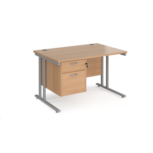 Maestro 25 straight desk 1200mm x 800mm with 2 drawer pedestal - silver cantilever leg frame, beech top