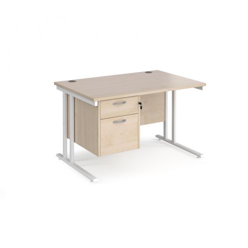 Maestro 25 straight desk 1200mm x 800mm with 2 drawer pedestal - white cantilever leg frame and maple top