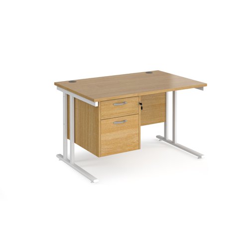 Maestro 25 straight desk 1200mm x 800mm with 2 drawer pedestal - white cantilever leg frame, oak top MC12P2WHO Buy online at Office 5Star or contact us Tel 01594 810081 for assistance